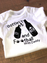Load image into Gallery viewer, Bottles &amp; Football w/ Daddy Onesie, Sunday Football, NFL, Football Onesie, Sports Onesie, Baby Boy, Baby Girl, Baby Shower Gift, Baby Shirt
