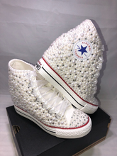 Load image into Gallery viewer, White Wedge Pearls &amp; Bling Wedding Sneakers- Bridal Sneakers- Custom Wedding Sneakers- Wedding Wedge Sneakers- hochzeit- Non Converse Brand
