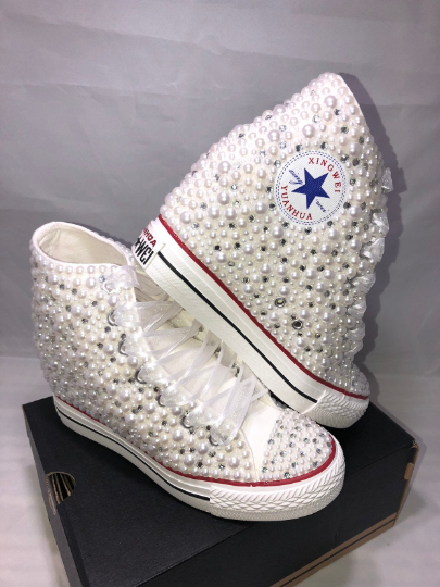 White Wedge Pearls & Bling Wedding Sneakers- Bridal Sneakers- Custom Wedding Sneakers- Wedding Wedge Sneakers- hochzeit- Non Converse Brand