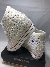 Load image into Gallery viewer, White Wedge Pearls &amp; Bling Wedding Sneakers- Bridal Sneakers- Custom Wedding Sneakers- Wedding Wedge Sneakers- hochzeit- Non Converse Brand

