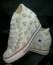 Load image into Gallery viewer, White Wedge Half Pearls &amp; Bling Wedding Sneakers- Bridal Sneakers- Custom Wedding Sneakers- Wedding Wedge Sneakers- hochzeit- Non Converse Brand
