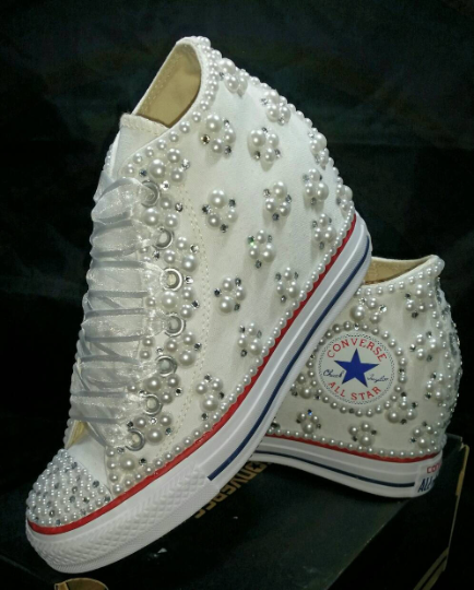 White Wedge Half Pearls & Bling Wedding Sneakers- Bridal Sneakers- Custom Wedding Sneakers- Wedding Wedge Sneakers- hochzeit- Non Converse Brand